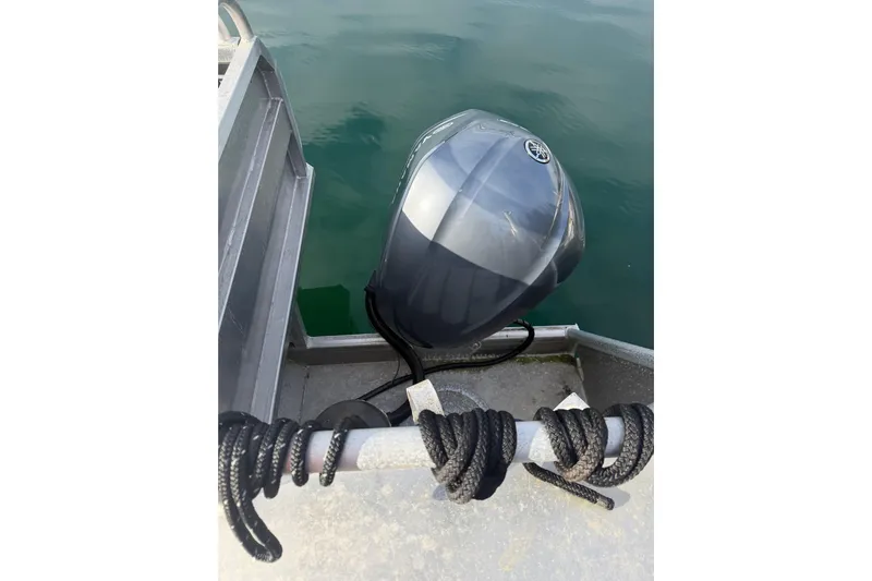 C Lady Yacht Photos Pics Outboard motor on Armstrong Marine 35 boat, 2020 model, with coiled rope.