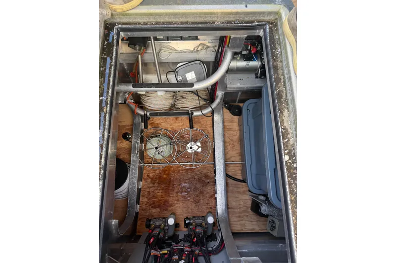 C Lady Yacht Photos Pics Interior view of a 2020 Armstrong Marine 35 boat showing equipment and storage.