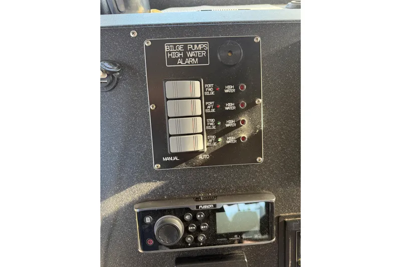C Lady Yacht Photos Pics Control panel of a 2020 Armstrong Marine 35 boat with bilge pump and alarm system.