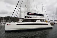2020 Leopard 50 catamaran docked in a marina.