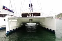 Leopard 50 catamaran, 2020 model, docked in marina, front view.