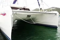 Leopard 50 catamaran, 2020 model, docked in calm waters.