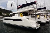 2020 Leopard 50 catamaran docked in a marina.