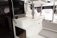 Leopard 50 yacht interior, 2020 model, featuring modern kitchen and seating area.