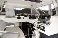 Interior helm of 2020 Leopard 50 yacht with navigation equipment and scenic view.