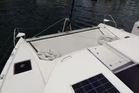 Leopard 50 catamaran 2020 model with solar panels and netting on deck.