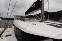 Leopard 50 catamaran yacht docked in a marina, 2020 model.