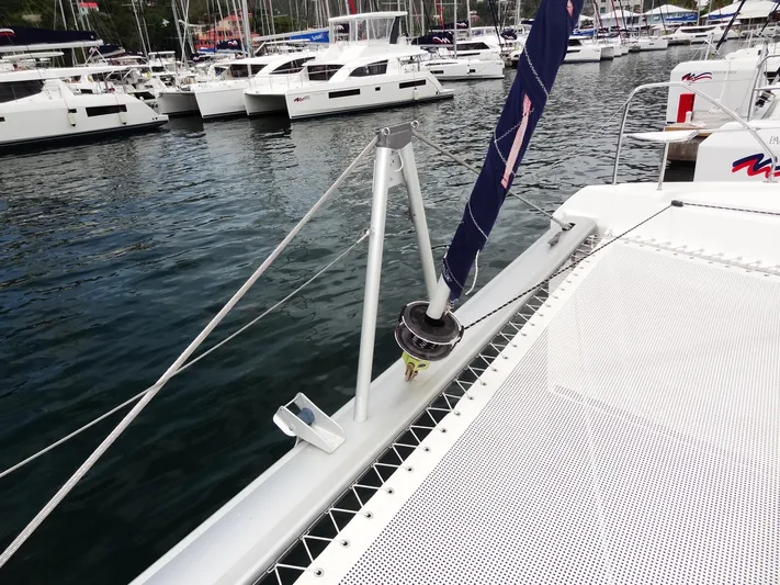 Voila Yacht Photos Pics Leopard 50 catamaran deck with marina view, 2020 model.