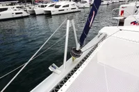 Leopard 50 catamaran deck with marina view, 2020 model.