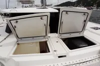 Open storage compartments on a 2020 Leopard 50 catamaran yacht.