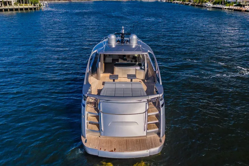 Argo Yacht Photos Pics 2017 Pershing 70 yacht on water, rear view showcasing deck and sleek design.