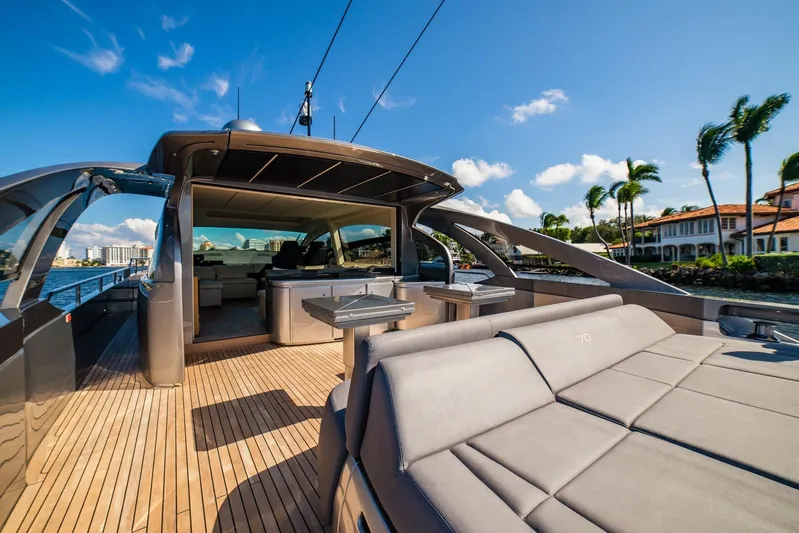 Argo Yacht Photos Pics Luxurious 2017 Pershing 70 yacht with spacious deck and modern design under clear blue sky.