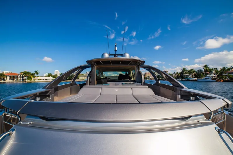 Argo Yacht Photos Pics 2017 Pershing 70 yacht on water, showcasing sleek design and luxury features under a clear blue sky.