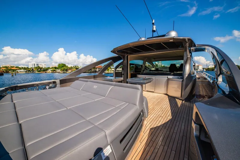 Argo Yacht Photos Pics 2017 Pershing 70 yacht with spacious deck and luxurious seating under clear blue sky.