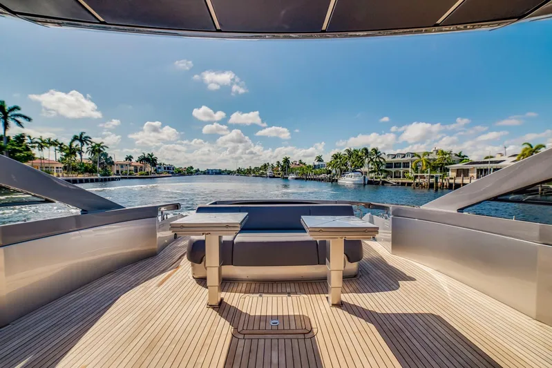 Argo Yacht Photos Pics Luxury 2017 Pershing 70 yacht deck with scenic waterfront view.