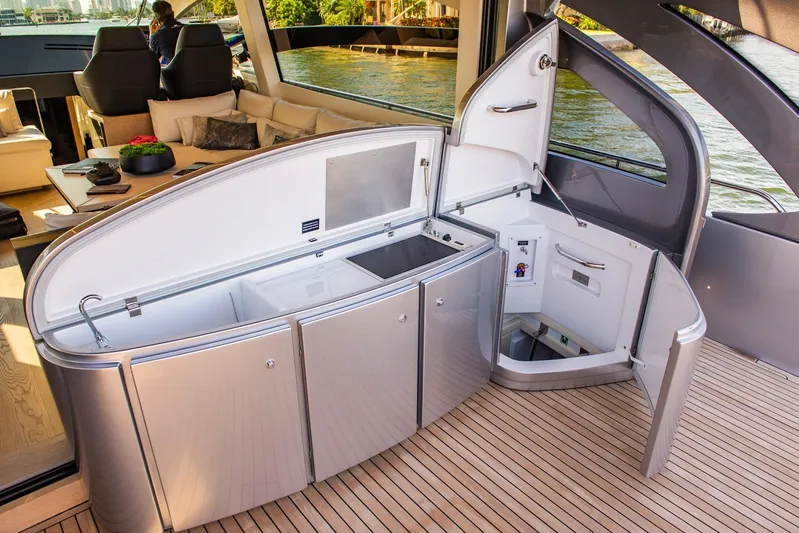 Argo Yacht Photos Pics Luxurious 2017 Pershing 70 yacht interior with sleek kitchen and modern design.