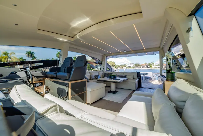 Argo Yacht Photos Pics Luxurious interior of a 2017 Pershing 70 yacht with modern seating and panoramic views.