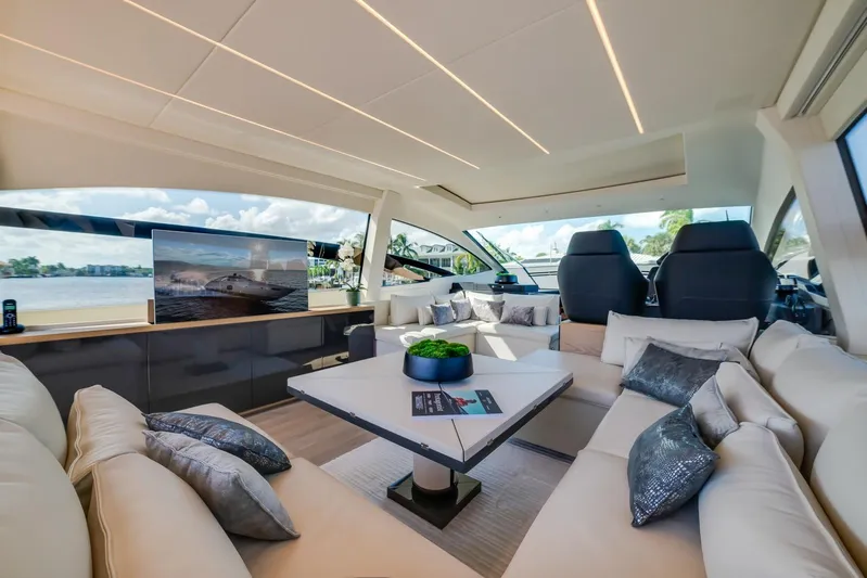 Argo Yacht Photos Pics Luxurious interior of a 2017 Pershing 70 yacht with modern seating and panoramic windows.