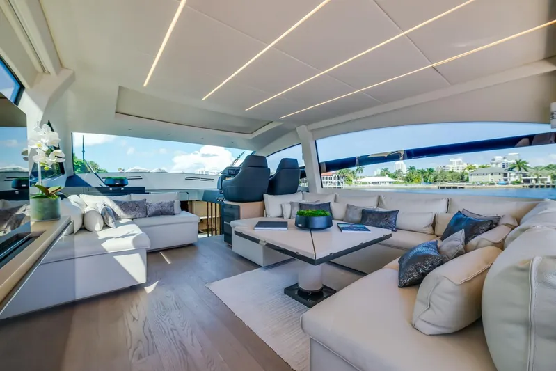 Argo Yacht Photos Pics Luxurious interior of a 2017 Pershing 70 yacht with modern seating and panoramic windows.