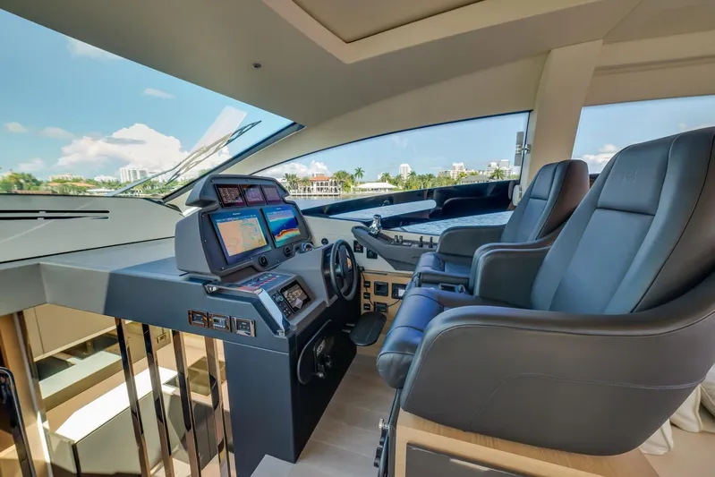Argo Yacht Photos Pics Luxurious 2017 Pershing 70 yacht cockpit with modern navigation systems and plush seating.