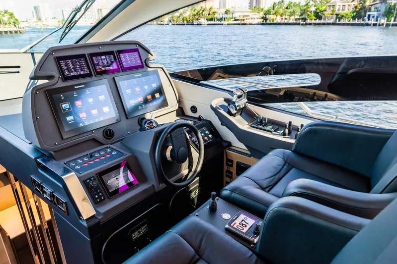 Argo Yacht Photos Pics Luxurious 2017 Pershing 70 yacht cockpit with advanced navigation systems and plush seating.