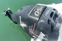 Outboard motor on 2016 Crownline Eclipse E2 XS, Mercury 250 Pro Verado, in water.