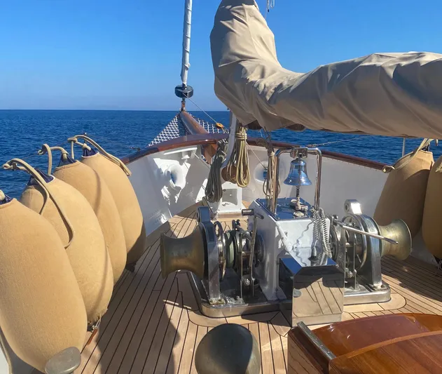 Iduna Yacht Photos Pics Classic 1939 Feadship sailing yacht deck with winches and ocean view.