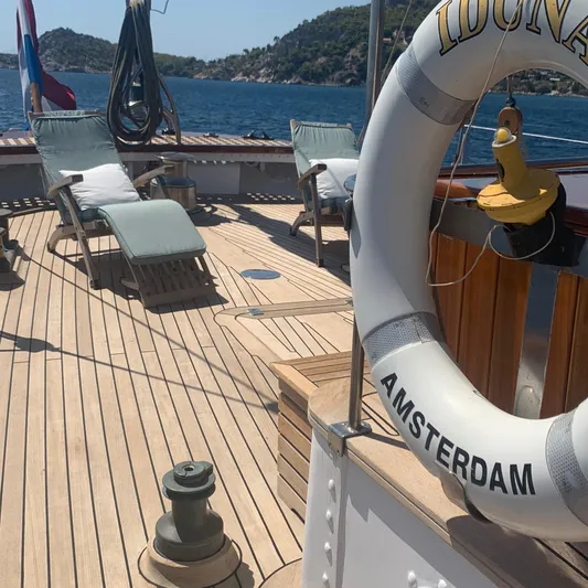 Iduna Yacht Photos Pics Classic 1939 Feadship sailing yacht deck with lifebuoy, Amsterdam.