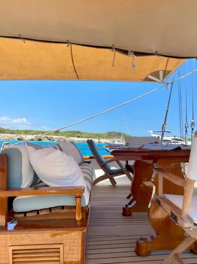 Iduna Yacht Photos Pics Classic 1939 Feadship sailing yacht deck with seating, overlooking serene blue waters.