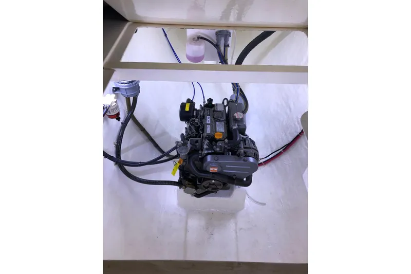 Waxy Yacht Photos Pics Engine compartment of a 2021 Celtic Yachts 40, showcasing the boat's mechanical setup.