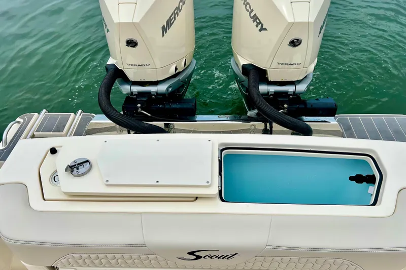  Yacht Photos Pics 2026 Scout 288 LXF boat with dual Mercury Verado engines on water.