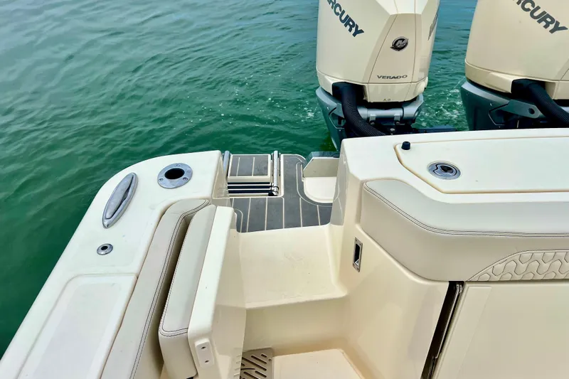  Yacht Photos Pics 2026 Scout 288 LXF boat stern with twin Mercury Verado engines.