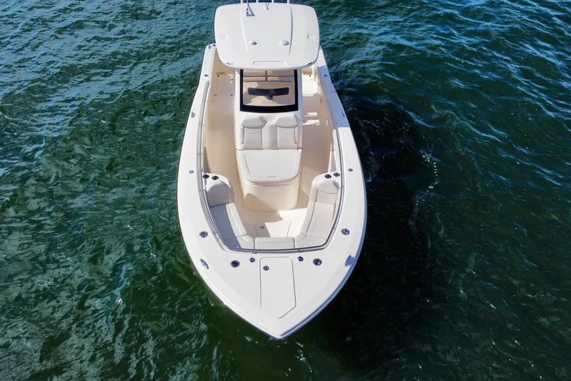  Yacht Photos Pics 2026 Scout 288 LXF boat on open water, aerial view.