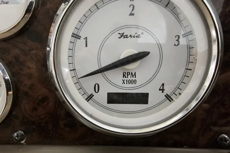  Yacht Photos Pics Close-up of a Faria RPM gauge on a 2005 Regal Commodore 4260 boat.