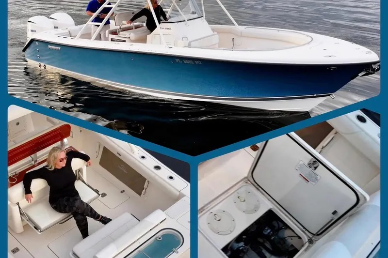  Yacht Photos Pics 2014 Pursuit S 280 Sport boat on water, interior seating, and storage compartments.