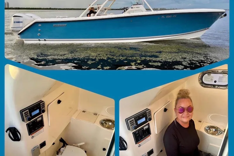  Yacht Photos Pics 2014 Pursuit S 280 Sport boat on water, interior cabin view with controls and person seated.