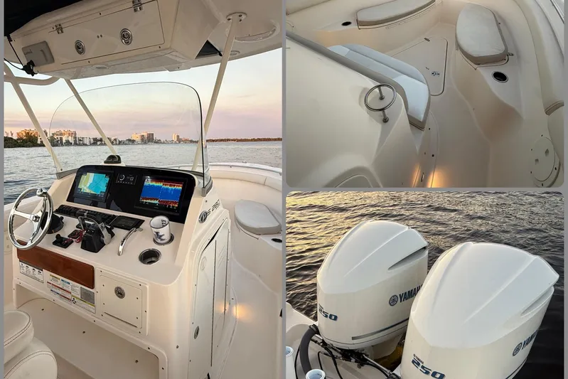  Yacht Photos Pics 2014 Pursuit S 280 Sport boat with dual Yamaha engines, helm, and seating area.