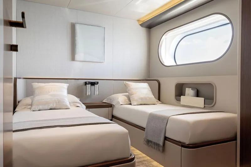  Yacht Photos Pics Luxurious twin cabin interior of 2024 Azimut Magellano 30M yacht with modern design.