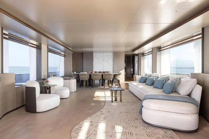  Yacht Photos Pics Luxurious interior of 2024 Azimut Magellano 30M yacht with elegant seating and ocean views.