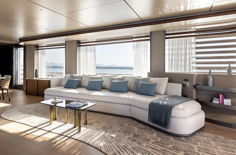  Yacht Photos Pics Luxurious interior of 2024 Azimut Magellano 30M yacht with elegant seating and sea view.