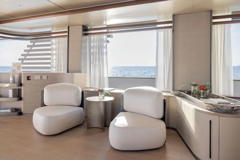  Yacht Photos Pics Luxurious interior of 2024 Azimut Magellano 30M yacht with ocean view and modern seating.