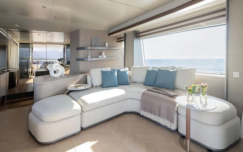  Yacht Photos Pics Luxurious interior of 2024 Azimut Magellano 30M yacht with ocean view and elegant seating.