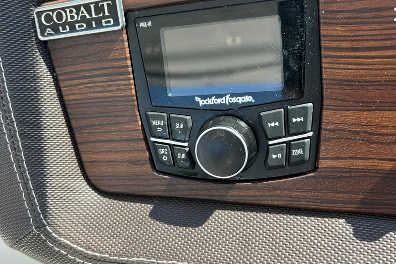  Yacht Photos Pics Cobalt R30 2019 audio system with Rockford Fosgate controls on wood panel.