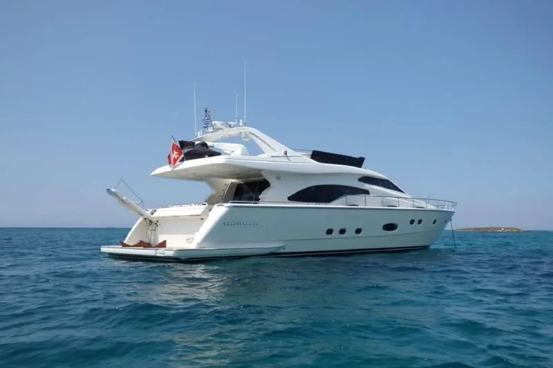 Ukiyo Yacht Photos Pics 2002 Ferretti Yachts 68 luxury yacht on clear blue water.