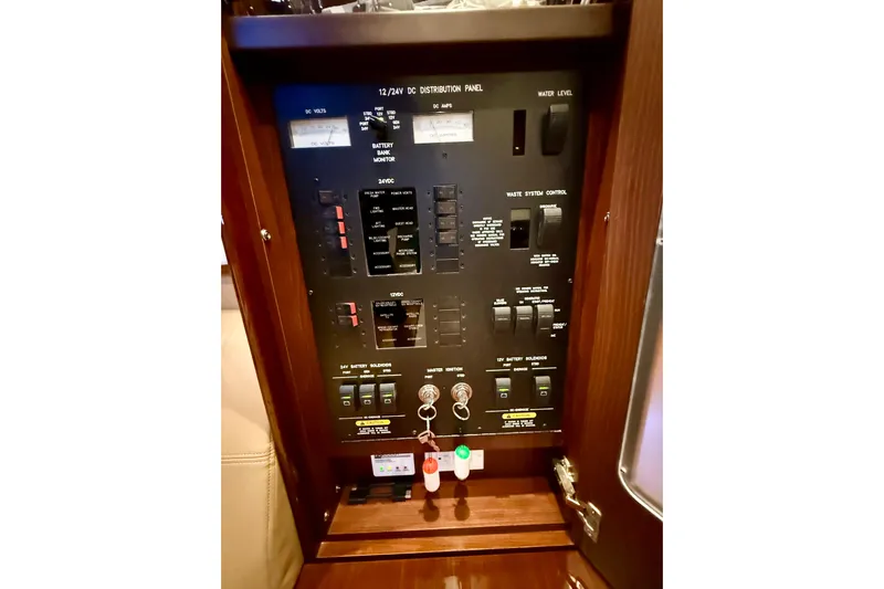 Seas The Day Yacht Photos Pics Electrical control panel on a 2014 Sea Ray 580 Sundancer yacht.