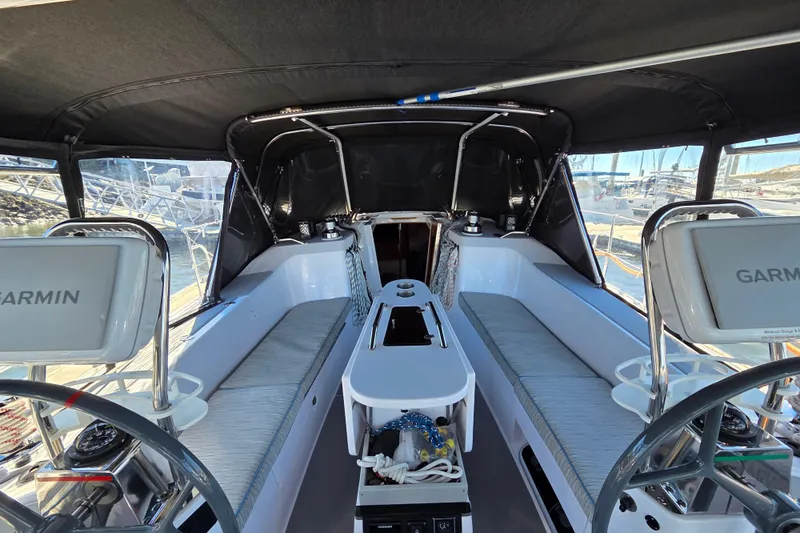 Here & Now Yacht Photos Pics Interior view of a 2021 Catalina 445 sailboat cockpit with Garmin navigation systems.