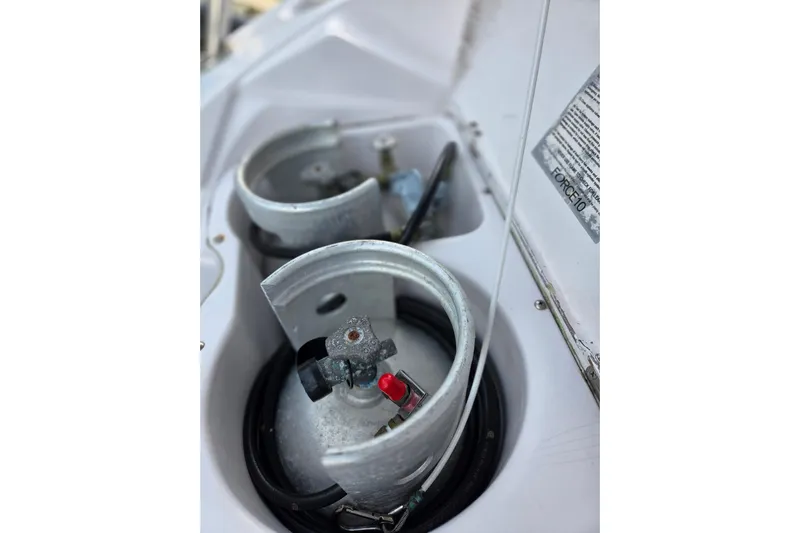 Here & Now Yacht Photos Pics Propane tank storage on 2021 Catalina 445 sailboat.