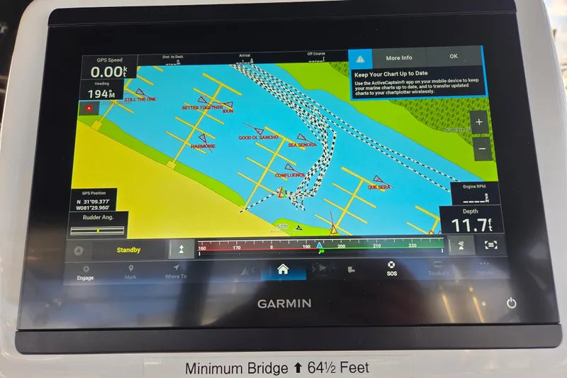 Here & Now Yacht Photos Pics Garmin marine GPS display on Catalina 445, 2021 model, showing navigation chart and depth.