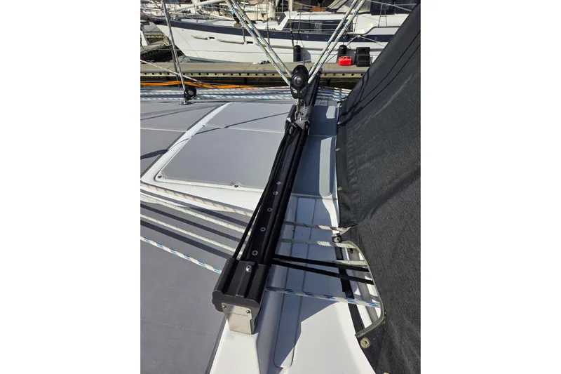 Here & Now Yacht Photos Pics 2021 Catalina 445 sailboat deck with rigging and hardware details.