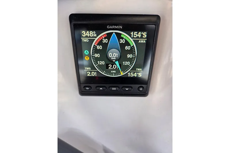 Here & Now Yacht Photos Pics Garmin marine display on 2021 Catalina 445, showing wind and speed data.